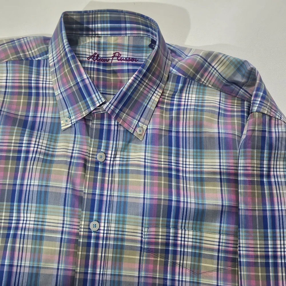 Alan‎ Flusser Button Down Shirt Mens Large Blue Green Pink Plaid Business Casual